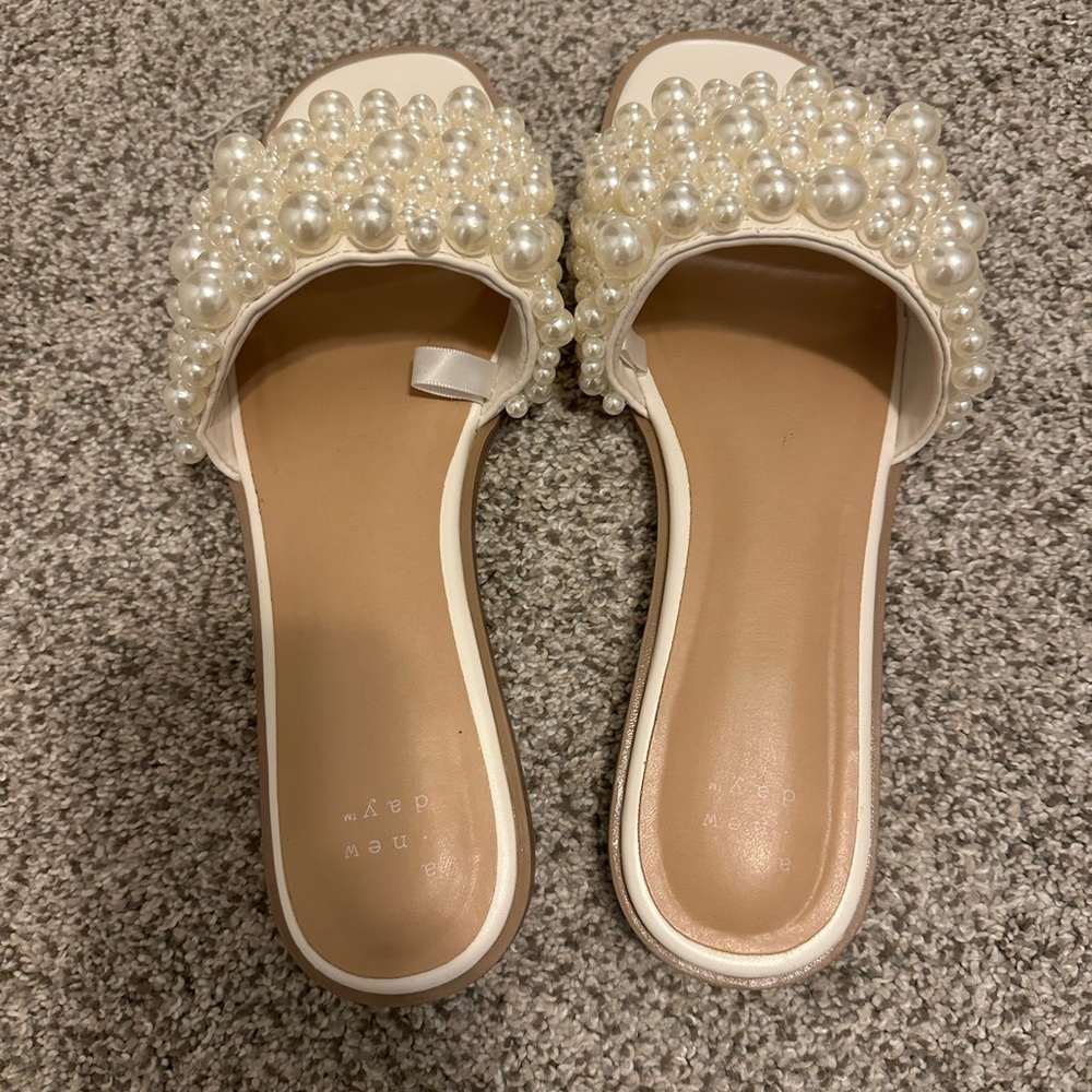 A New Day Pearl Embellished White Slide Sandals